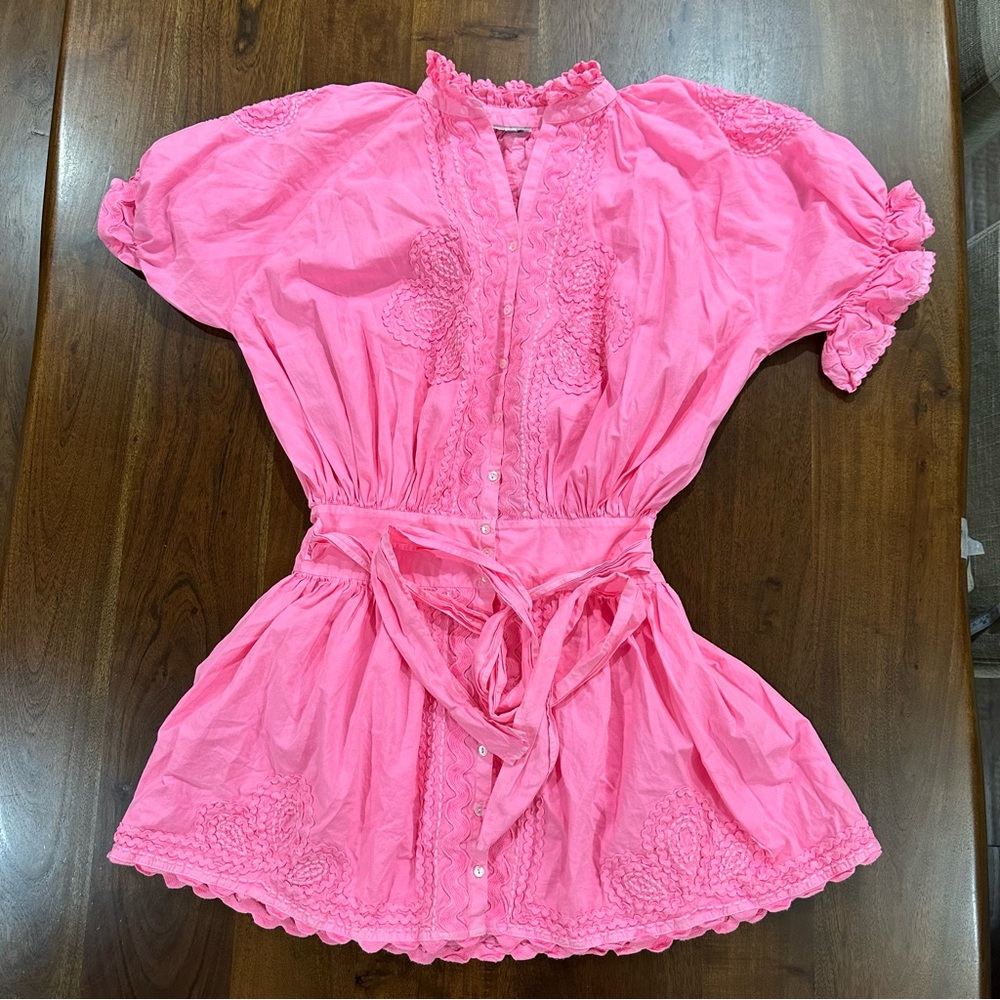 JULIET DUNN Poplin Ric Rac Embroidered Blouson Dress Boho Preppy Sz US 4/6